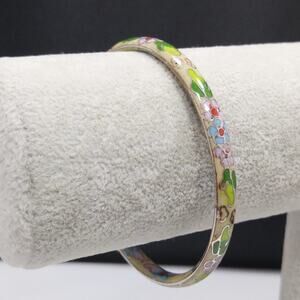 Vintage Cloisonné Enamel Floral Bangle Bracelet Yellow with Multicolor Flowers"